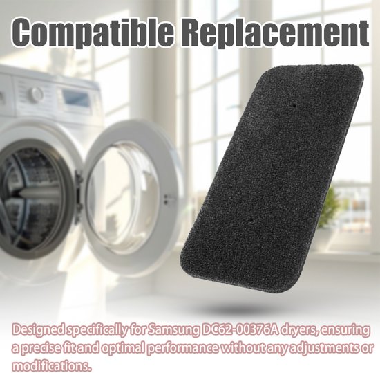 Zwart schuimfilter bij een openstaande wasmachine. Compatibele vervanging voor Samsung DC62-00376A drogers.