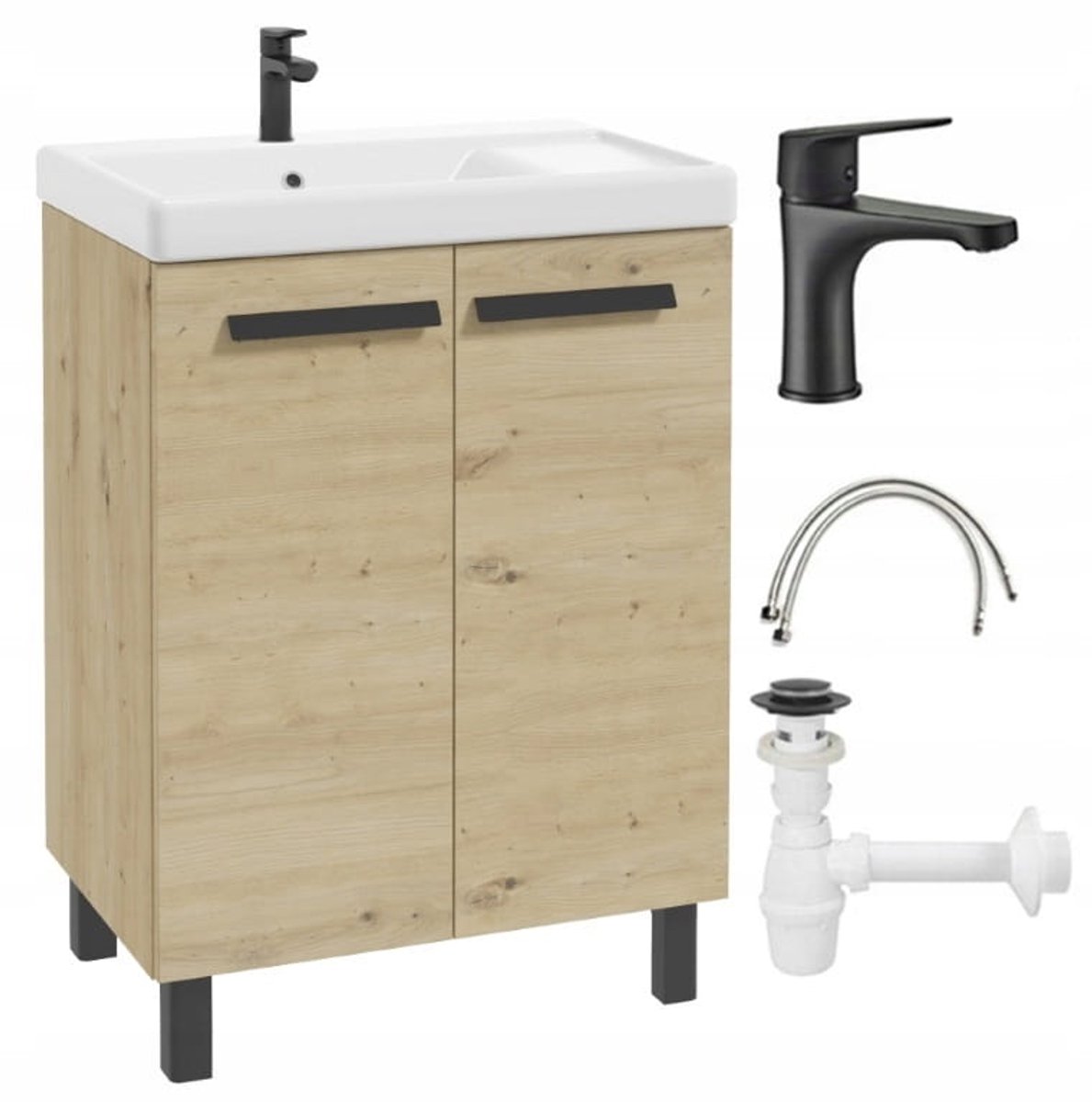 Badkamerset: meubel met wastafel 80x60 + kraan, sifon, klik-klak stop Bonita