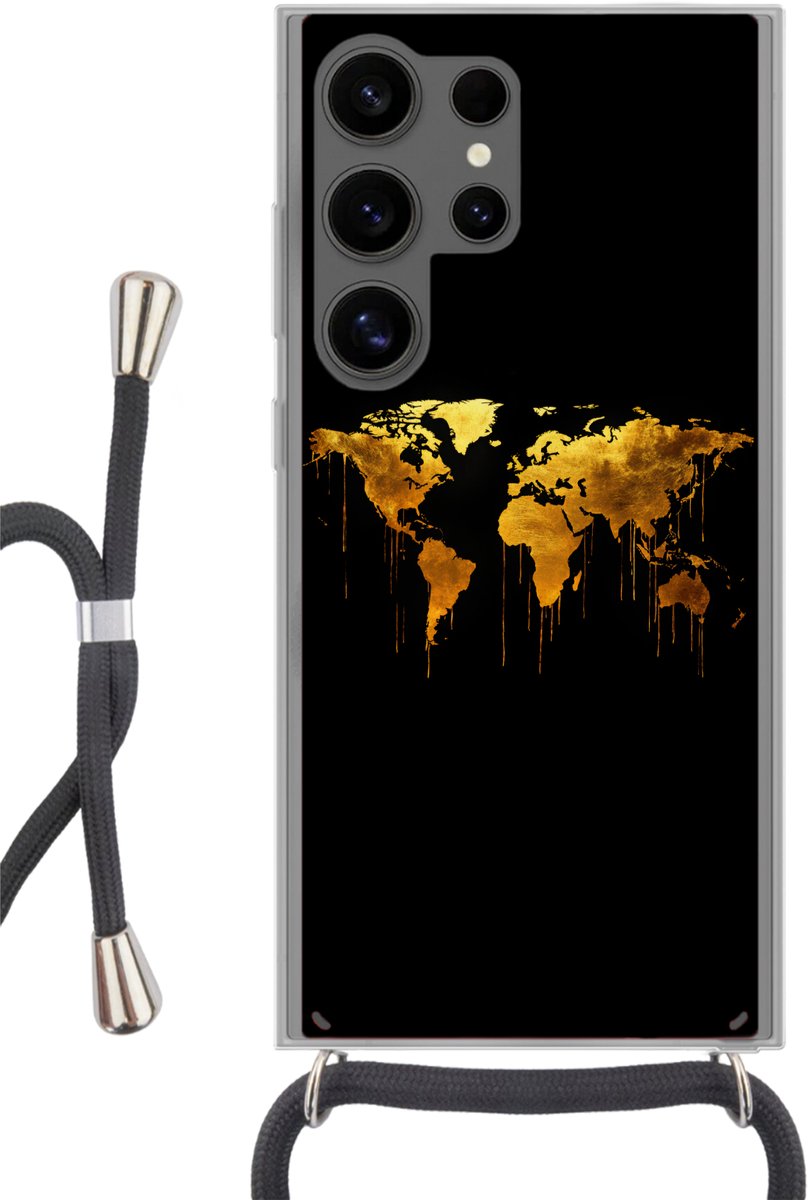 Telefoonhoesje Geschikt voor Samsung Galaxy S24 Ultra - Wereldkaart - Goud - Druipen - Zwart - Siliconen - Crossbody - Backcover met Koord - Telefoonhoesje met koord - Hoesje met touw Telefoonhoesje