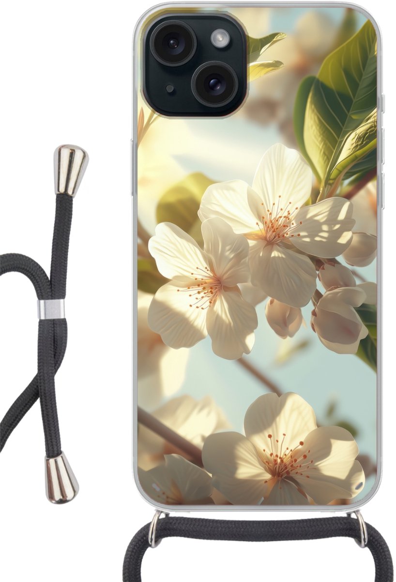 Telefoonhoesje Geschikt voor iPhone 15 Plus - Bloesems - Wit - Zonnestralen - Bloemblaadjes - Siliconen - Crossbody - Backcover met Koord - Telefoonhoesje met koord - Hoesje met touw Telefoonhoesje