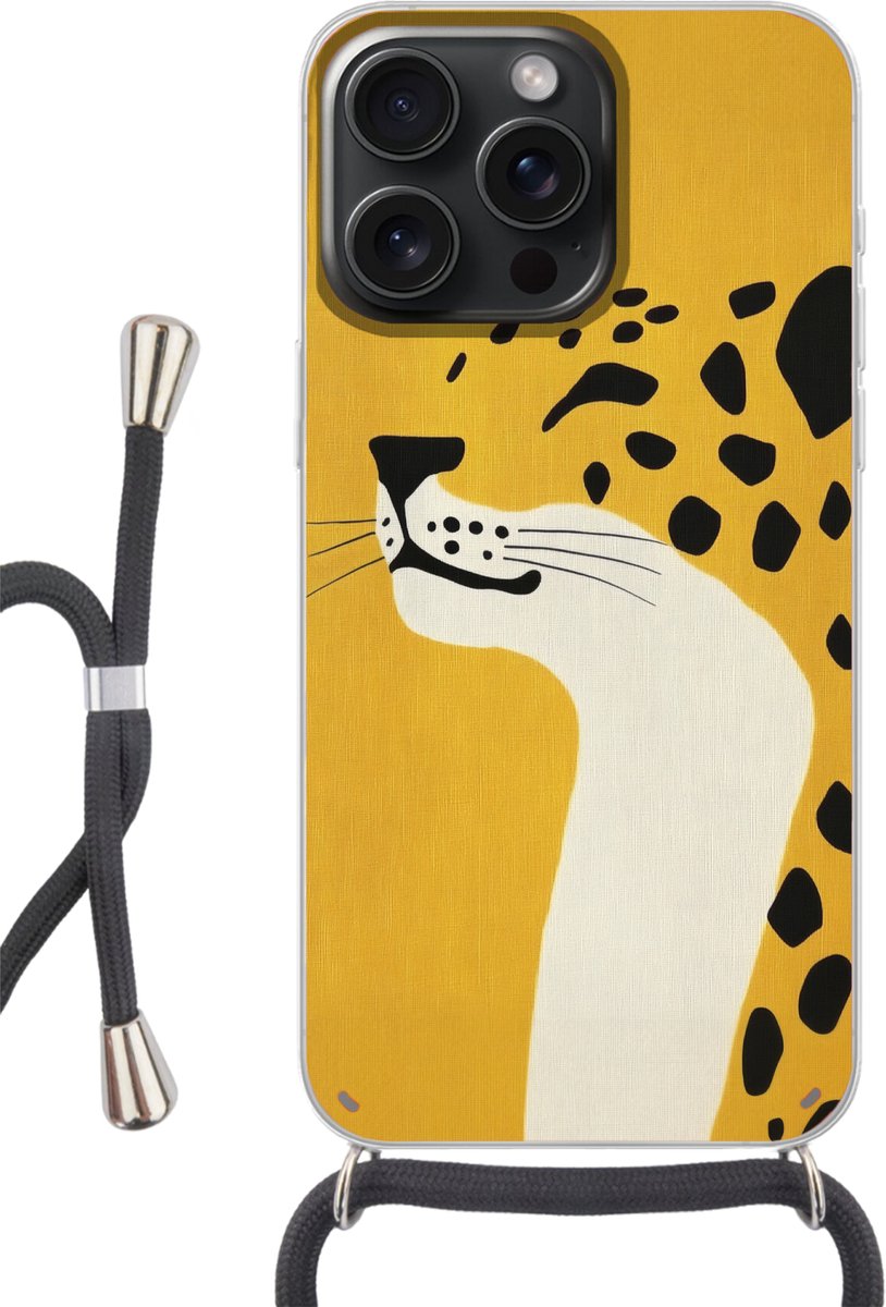 Telefoonhoesje Geschikt voor iPhone 15 Pro - Cheetah - Illustratie - Geel - Siliconen - Crossbody - Backcover met Koord - Telefoonhoesje met koord - Hoesje met touw Telefoonhoesje