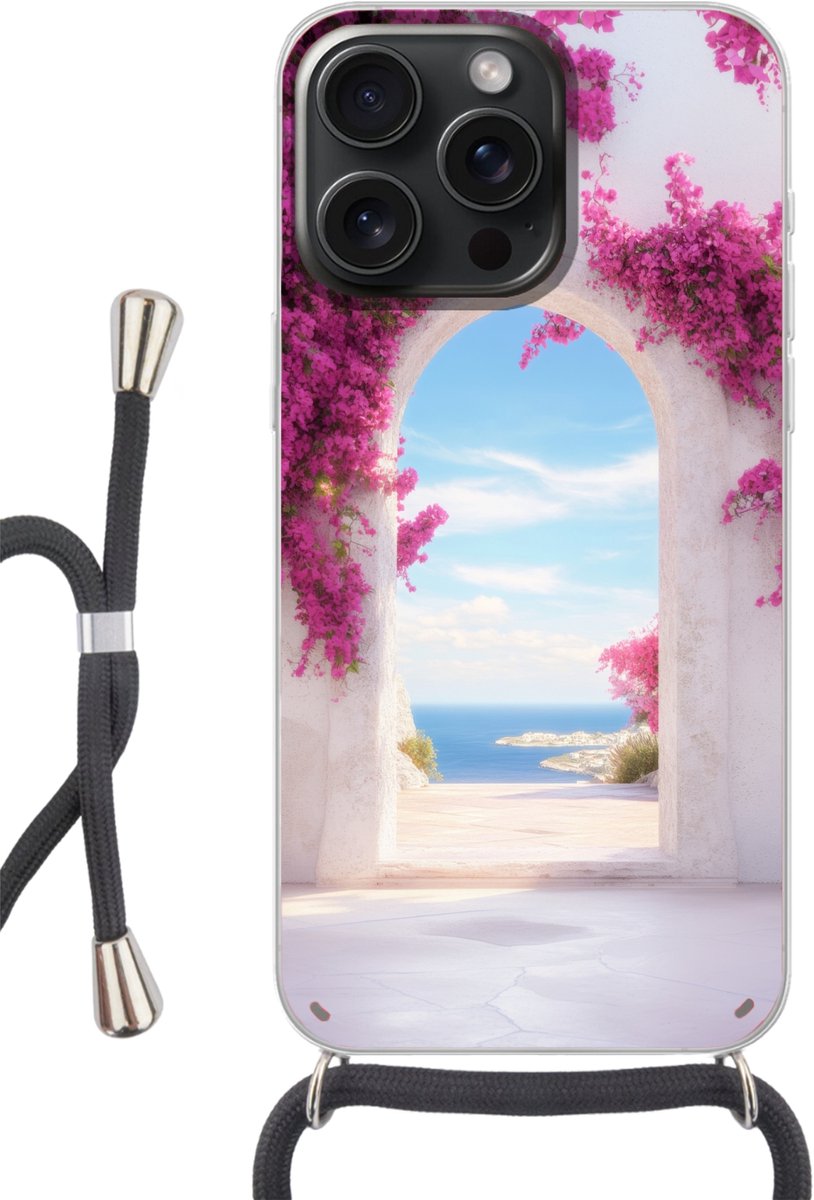 Telefoonhoesje Geschikt voor iPhone 15 Pro - Zee - Roze - Bloemen - Poort - Siliconen - Crossbody - Backcover met Koord - Telefoonhoesje met koord - Hoesje met touw Telefoonhoesje