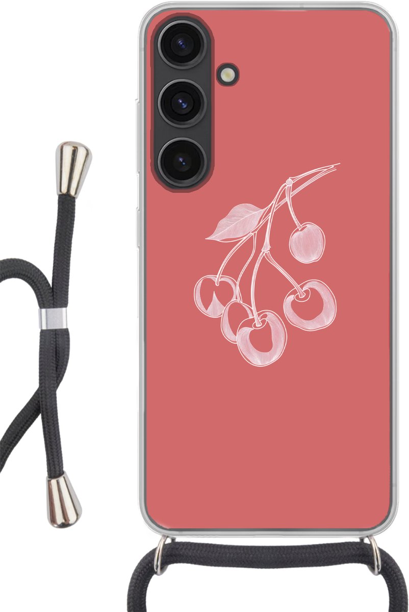 Telefoonhoesje Geschikt voor Samsung Galaxy S24 - Lijnillustratie - Kersen - Tak - Wit - Siliconen - Crossbody - Backcover met Koord - Telefoonhoesje met koord - Hoesje met touw Telefoonhoesje