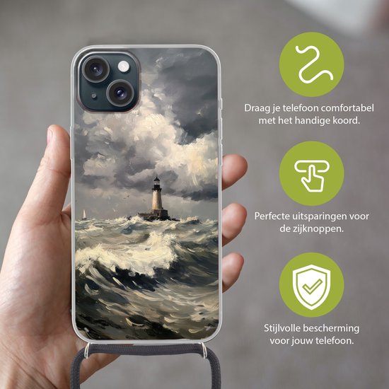 Coque de téléphone compatible avec iPhone 15 - Phare - Vagues - Storm - Siliconen - Bandoulière - Coque arrière avec cordon - Coque de téléphone avec cordon - Coque avec corde