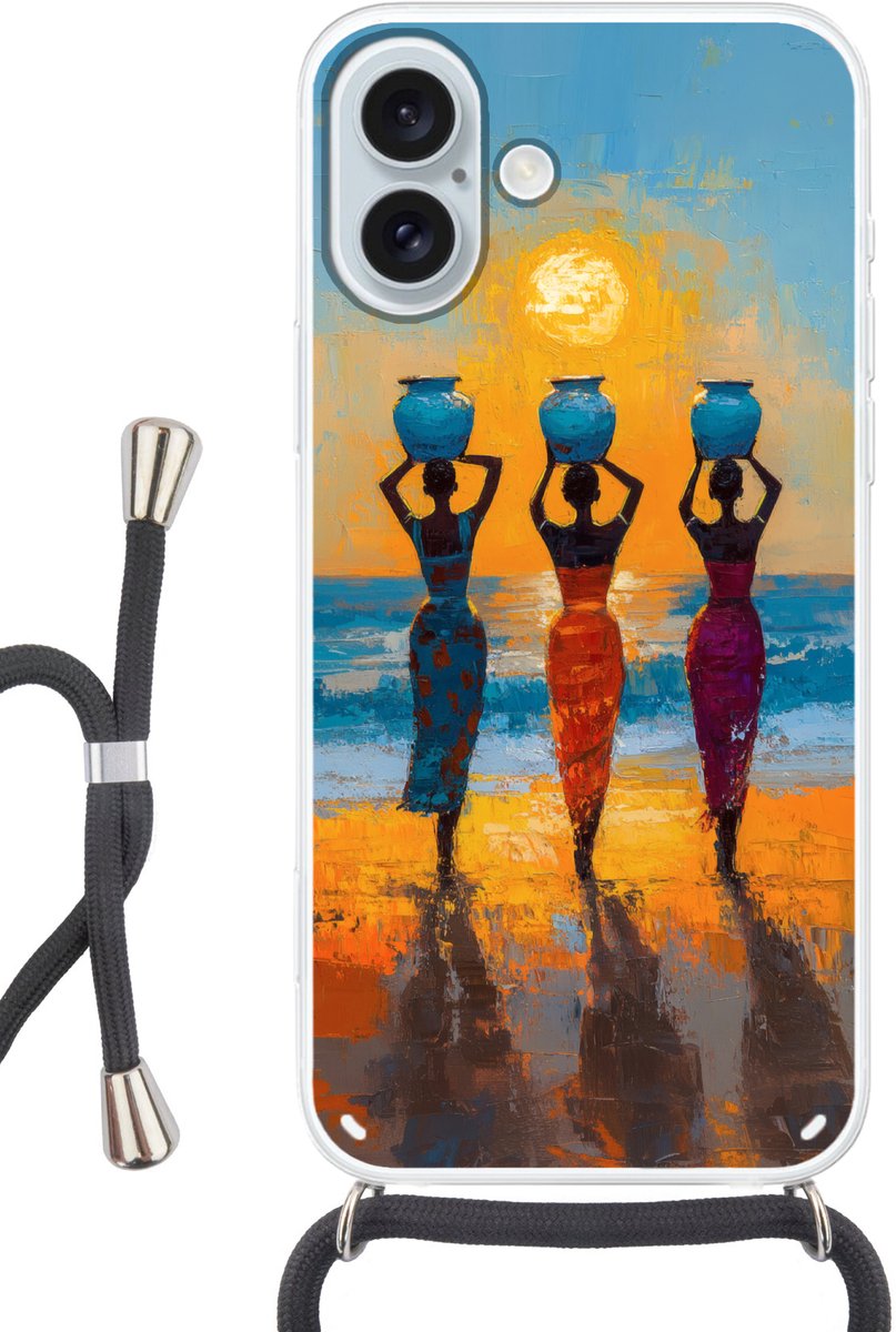 Telefoonhoesje Geschikt voor iPhone 16 Plus met koord - Vrouwen - Strand - Zondsondergang - Siliconen - Crossbody - Backcover met Koord - Telefoonhoesje met koord - Hoesje met touw Telefoonhoesje