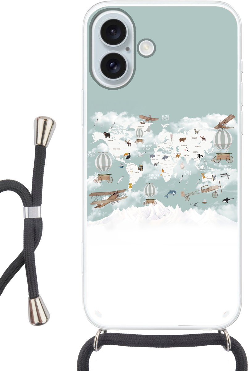 Telefoonhoesje Geschikt voor iPhone 16 Plus met koord - Wereldkaart - Kind - Vliegtuig - Siliconen - Crossbody - Backcover met Koord - Telefoonhoesje met koord - Hoesje met touw Telefoonhoesje