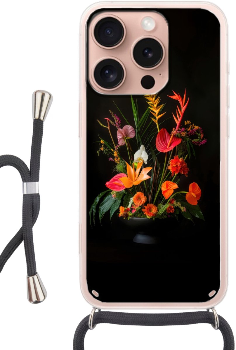 Telefoonhoesje Geschikt voor iPhone 16 Pro - Schaal - Boeket - Bloemen - Siliconen - Crossbody - Backcover met Koord - Telefoonhoesje met koord - Hoesje met touw Telefoonhoesje