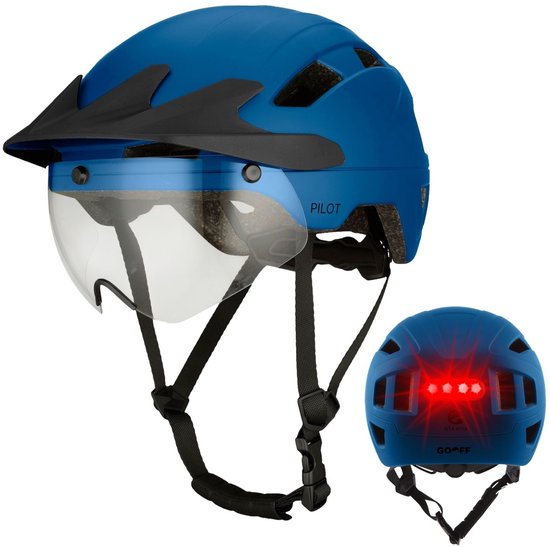 GOOFF® Pilot 4-in-1 Snorfiets Helm met Verlichting en Vizier - Speed Pedelec Fietshelm voor Volwassenen - NTA 8776 - Snorscooter Helm met LED Licht - Goedgekeurd voor Blauw Kenteken en E Bike - Dames en Heren - M - Blauw