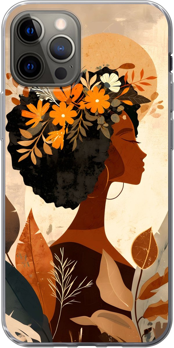Telefoonhoesje Geschikt voor iPhone 12 Pro hoesje - Vrouw - Krullen - Bloemen - Beige - Siliconen Telefoonhoesje Telefoonhoesje
