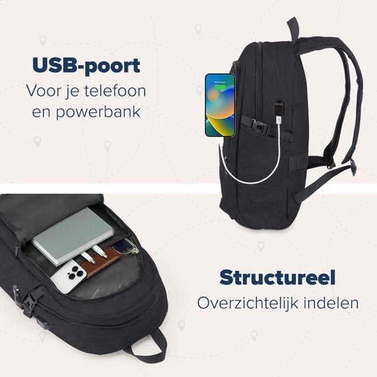 Sac à dos TRVLMORE - 25 L - 15,6 pouces - Sac à dos pour ordinateur portable avec port USB - Cartable - Homme et femme - Sac - Garantie à vie - Zwart