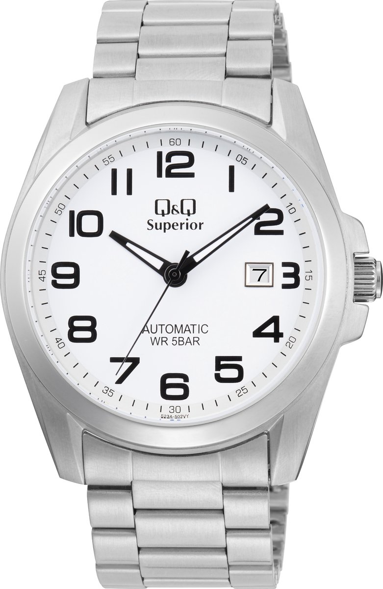 QQ S23A-502VY - Horloge - Polshorloge - Analoog - Automatisch uurwerk - Mannen - Heren - stalen band - Rond - Metaal - Streepjes - Datumaanduiding - Zilverkleurig - Wit