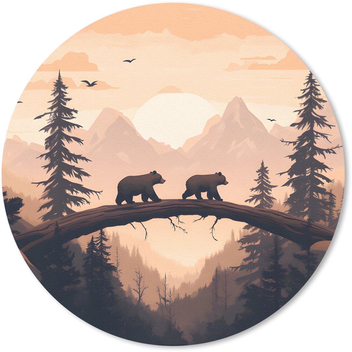 Muismat rond 40x40 cm - Mousepad Beren - Bomen - Landschap - Zonsondergang - Ronde muismatten