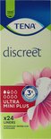TENA Discreet Ultra Mini Plus verpakking met paarse bloemen en '3x Dry Secure Odour Control'.