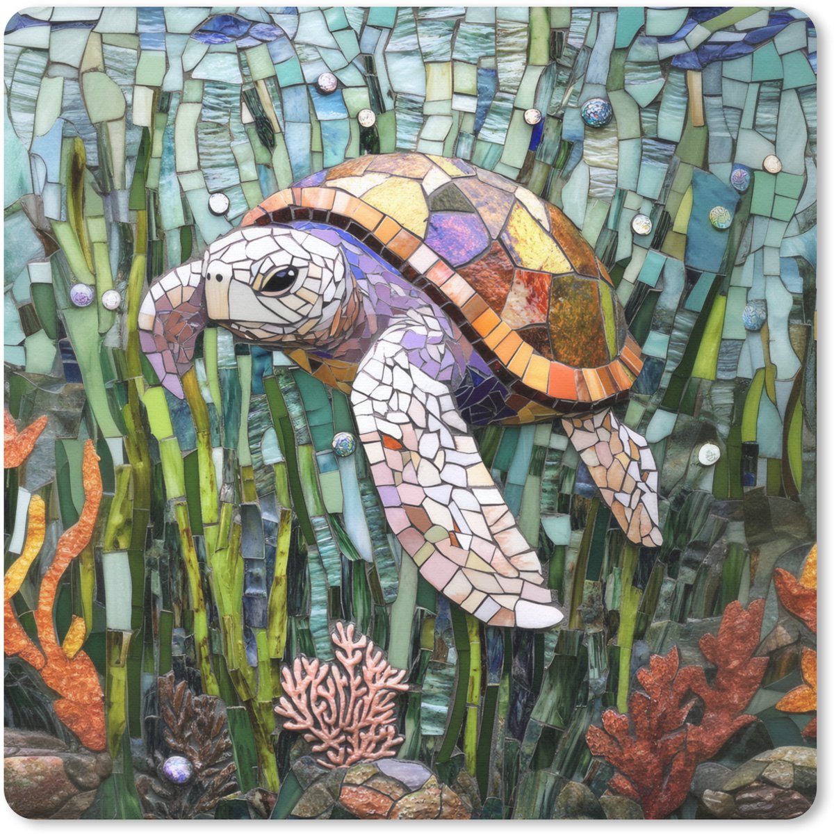 Muismat 30x30 cm - Mousepad Schildpad - Zeewier - Mozaïek - Muismatten