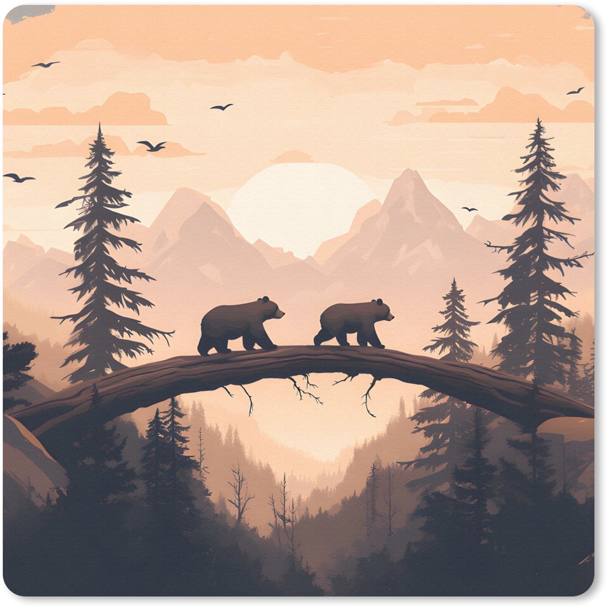 Muismat 20x20 cm - Mousepad Beren - Bomen - Landschap - Zonsondergang - Muismatten