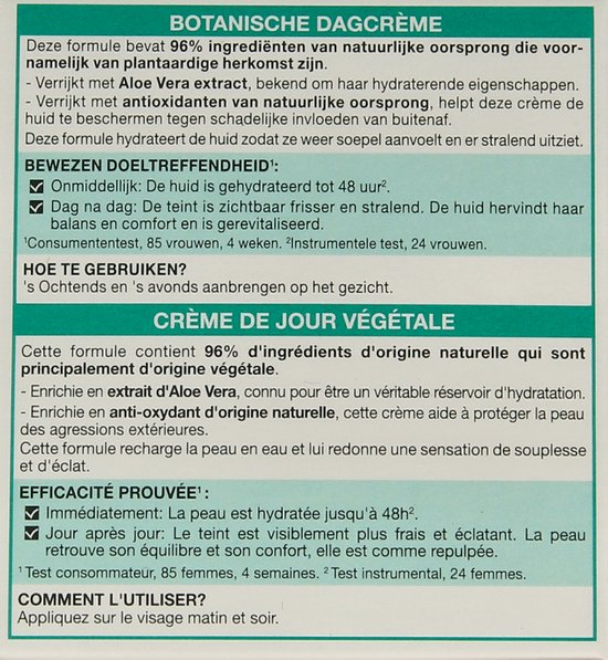 Gedetailleerde beschrijving van Garnier Botanische Dagcrème met Aloe Vera extract voor hydratatie.
