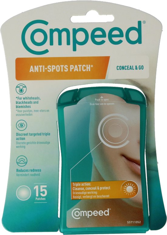 Compeed Anti-Spots Patch verpakking met 15 patches. Met uitleg over drievoudige werking: reinigt, verbergt en beschermt.