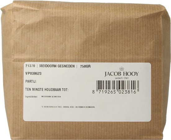 Jacob Hooy Meidoorn Gesneden 250GR, verpakt in bruin papier.
