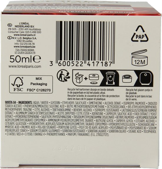 Achterkant van L'Oréal Paris Revitalift pot met ingrediënten, barcode, 50ml en 12M recycling indicatie.