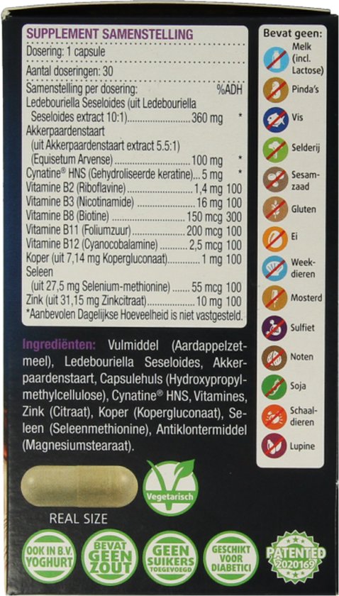 Achterkant van de doos met ingrediënten en allergeneninformatie.