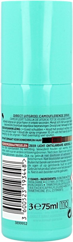 Zijkant van L'Oréal Paris Magic Retouch uitgroeispray met turkooizen dop, met productinformatie.