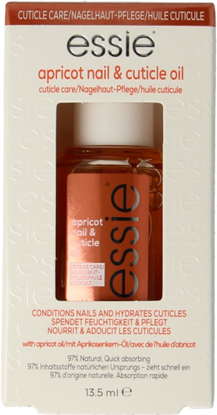 Verpakking van Essie apricot nail & cuticle oil met informatie over het product en de ingrediënten. De verpakking toont ook een flesje met oranje olie.