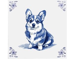 Delfts blauw tegeltje met Corgi hond