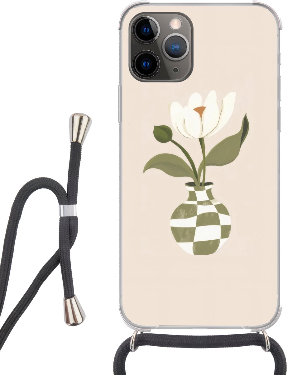 Telefoonhoesje Geschikt voor iPhone 13 Pro - Vaas - Geruit - Bloem - Groen - Siliconen - Crossbody - Backcover met Koord - Telefoonhoesje met koord - Hoesje met touw Telefoonhoesje