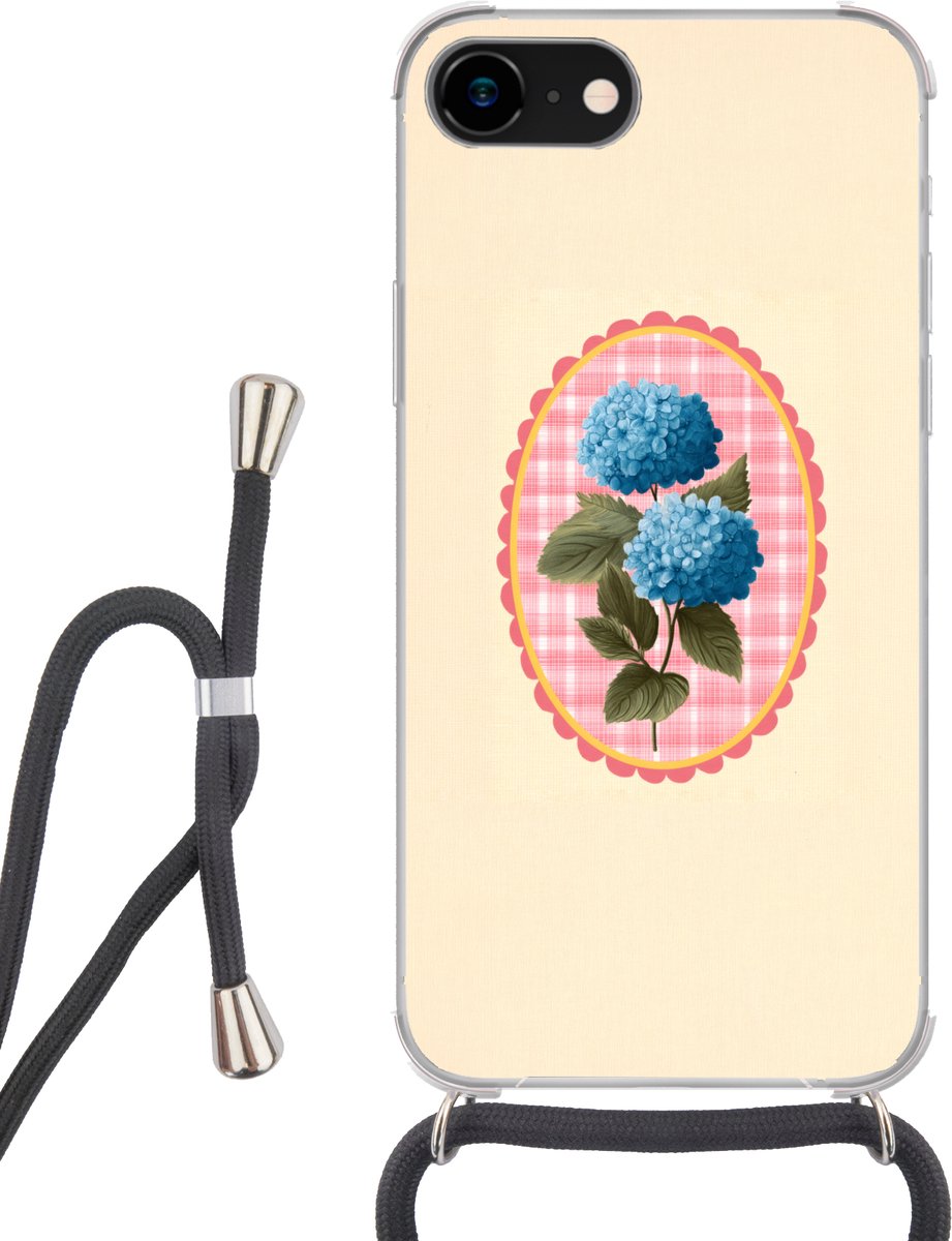 Telefoonhoesje Geschikt voor iPhone 8 - Bloemen - Blauw - Lijst - Bladeren - Siliconen - Crossbody - Backcover met Koord - Telefoonhoesje met koord - Hoesje met touw Telefoonhoesje