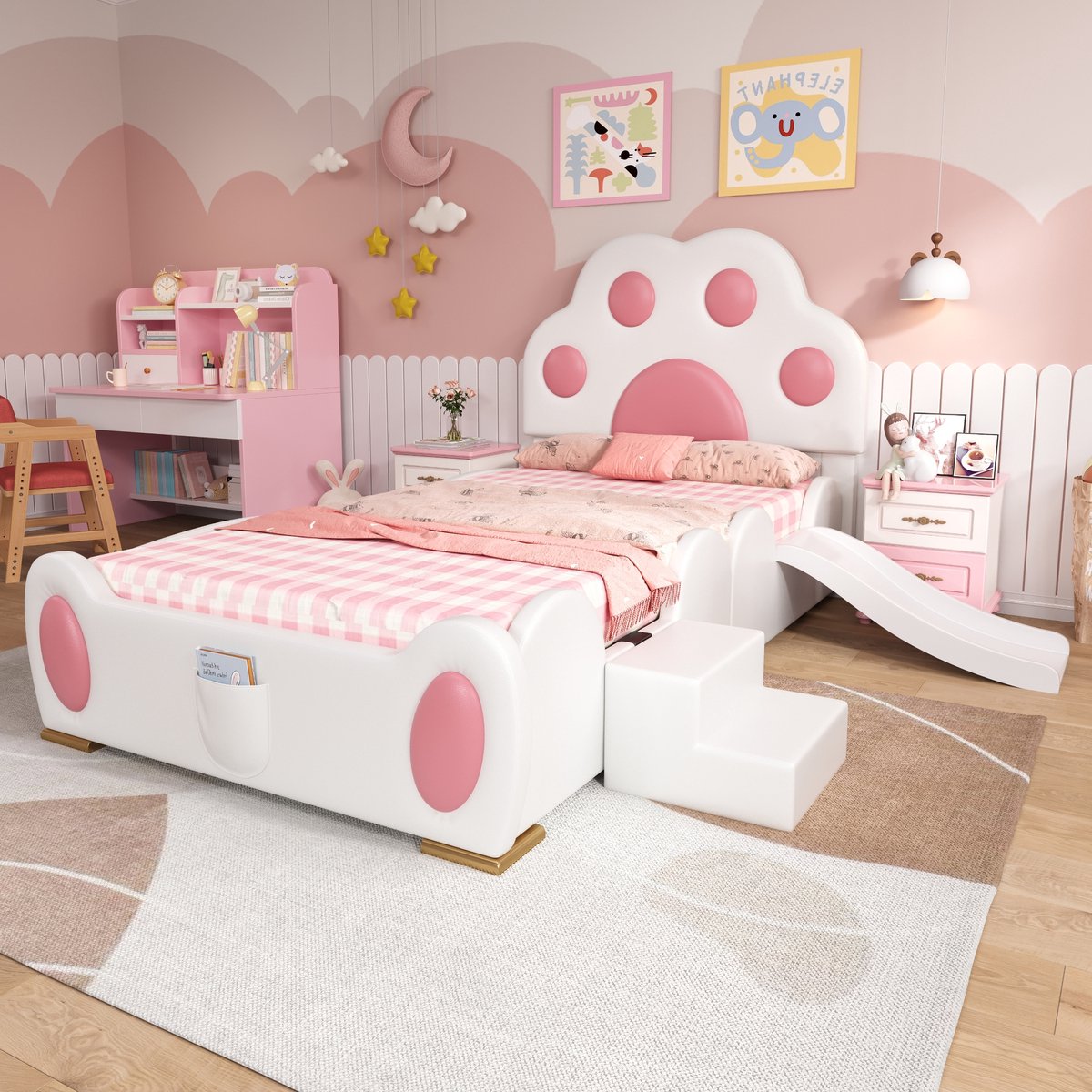 Merax Gestoffeerd bed - eenpersoonsbed - hoofdeinde in de vorm van een cartoon kattenpoot - met kinderglijbaan en tweetraps ladder - 90x200 cm - zonder matras Wit