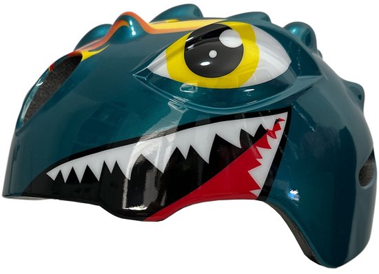 Groene kinderhelm met dinosaurusprint, vlammen en haaientanden.