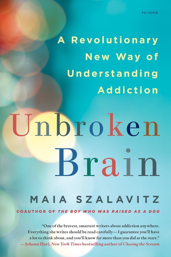 Couverture du livre 'Unbroken Brain' avec le titre en lettres rouges et bleues sur fond bleu clair avec effet bokeh lumineux.