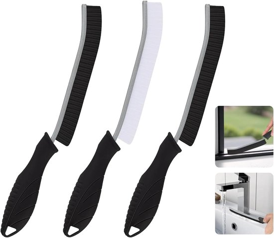 JGS Premium - Brosse de nettoyage de joints à poils durs en 3 pièces, manche long, brosse multifonctionnelle pour joints de Cuisine, salle de bain et zones difficiles d'accès (Zwart, 2 pièces)