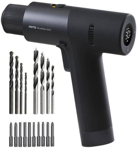 HOTO 12V Accuboormachine – Borstelloos – LED-display – 30 Koppelstanden – USB-C Oplaadbaar – Inclusief Bits & Boren