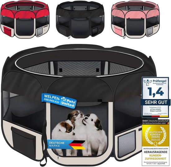 Zwarte en beige dierenren met drie puppy's. Twee certificaten en een "welpenfreundlich" label.