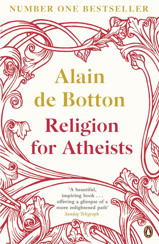Livre 'Religion for Atheists' par Alain de Botton, avec des ornements rouges complexes et du texte jaune et rouge.