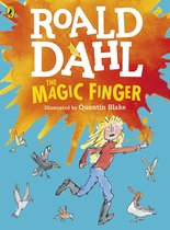 Boek 'The Magic Finger' van Roald Dahl, geïllustreerd door Quentin Blake. Een meisje met blond haar rent, omringd door vogels. Rode trui, blauwe broek, zwarte laarzen.
