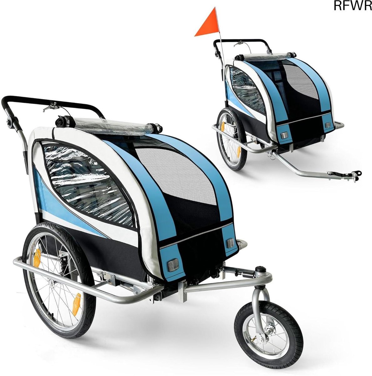 RFWR® 360° Draaibare Kinderfietskar 2-in-1 Aanhangwagen en Buggy voor 2 Kinderen - Blauw/Zwart