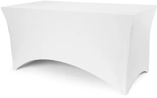 Witte stretch tafelhoes, effen kleur, met gebogen onderkant, voor een tafel van 183 x 76 x 74 cm.