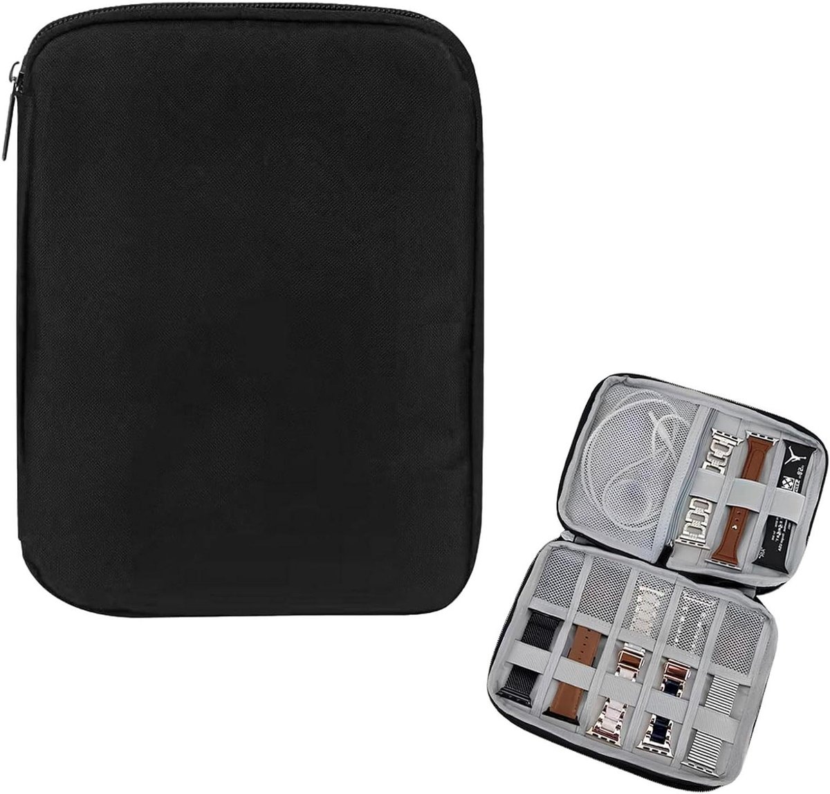 Allecto Plus - Opbergdoos voor horlogebandjes en accessoires 21 x 16 cm - Horlogebox met rits en vakken - Draagbare horloge-opberger voor horlogebandjes en oplaadkabels - Zwart