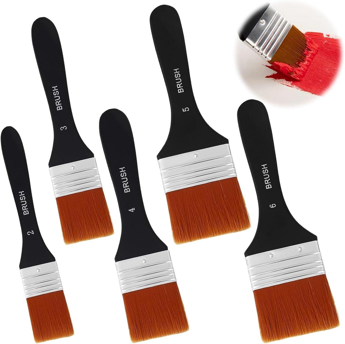 Allecto Plus - 5-delige platte penseelset voor acryl- en olieverf - diverse maten - nylon penseel - lazuurkwast voor raamkozijn en huis - premium kwaliteit