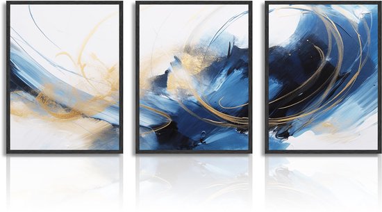 Ibenzoa® Moderne set van 3 abstracte canvas schilderijen in blauw, zwart en goud voor interieurdecoratie