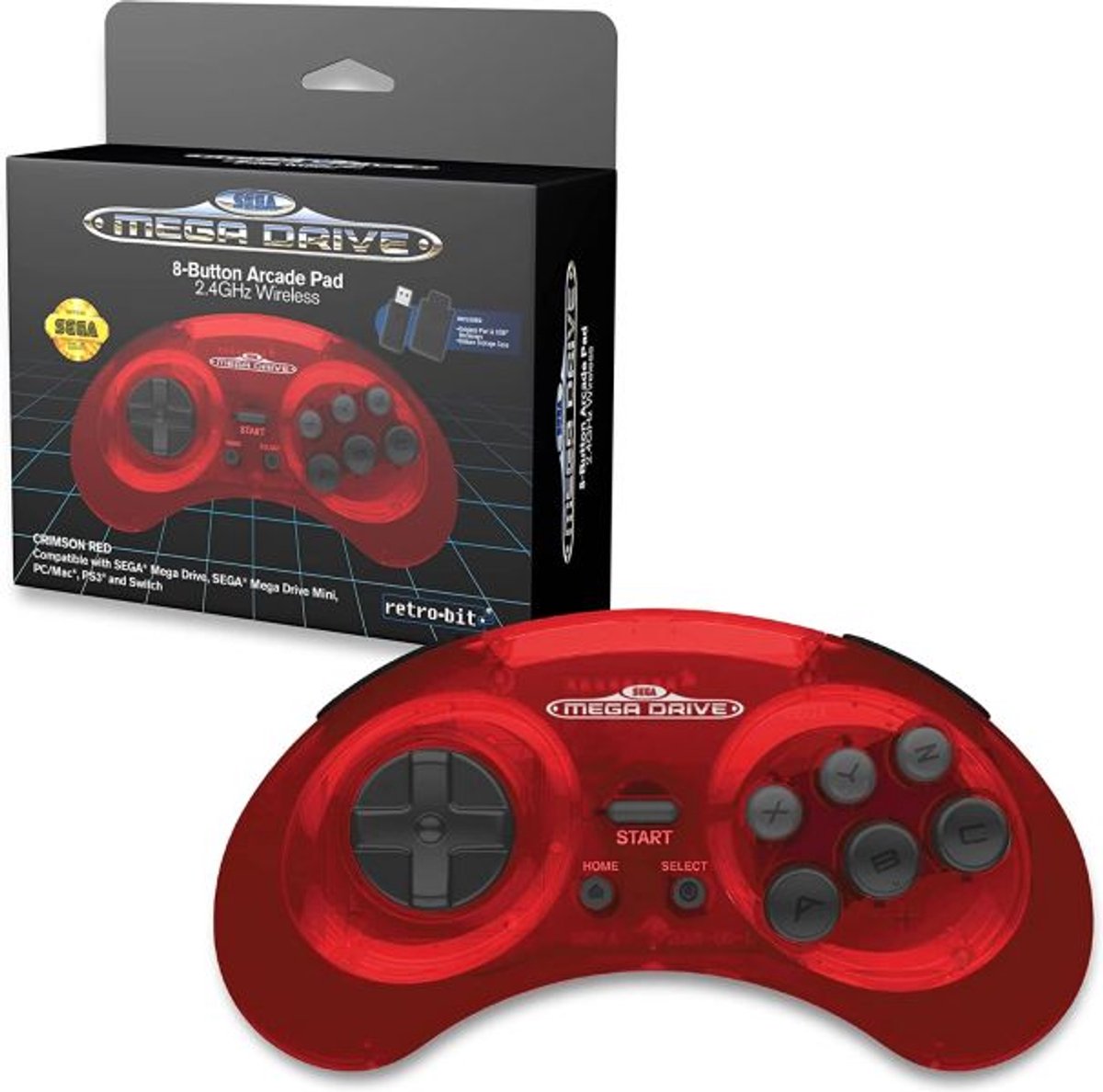 Retro-Bit Sega Mega Drive 2.4 GHz Wireless Controller 8-Button Arcade Pad for Sega Genesis Original/Mini, Switch, PC, Mac - Includes 2 Receivers & Storage Case (Crimson Red) (Nintendo Switch)