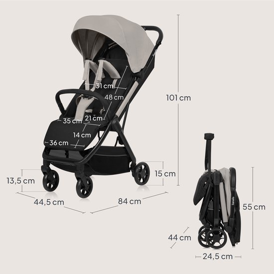 Afmetingen van de grijze buggy in geopende en gesloten toestand, met duidelijke maatindicaties.