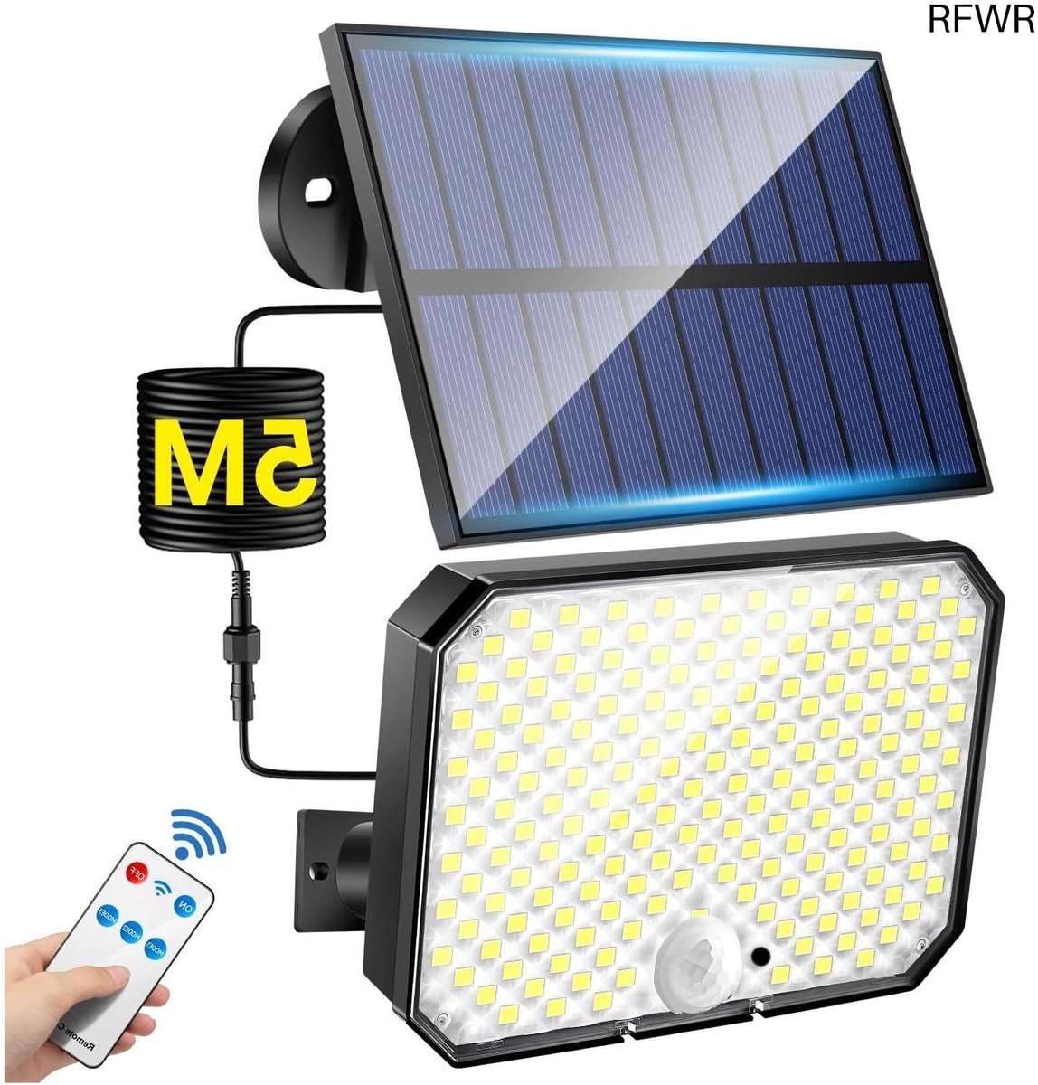 RFWR® Solar Buitenlamp met Bewegingsmelder en 190 LEDs, 1500 Lumen, Waterproof IP65, 3 Modi + Afstandsbediening