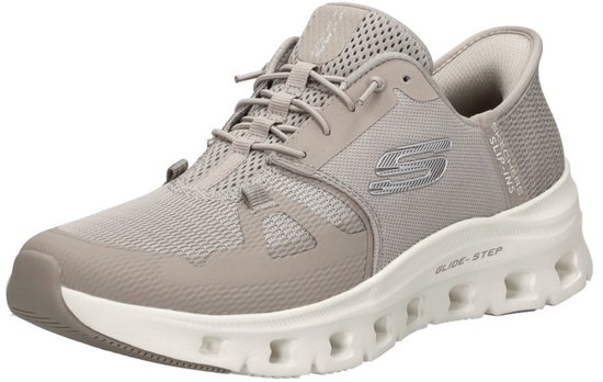 Lichtgrijze Skechers Slip-ins Glide-Step sneakers met vetersluiting en een gedetailleerde zool.