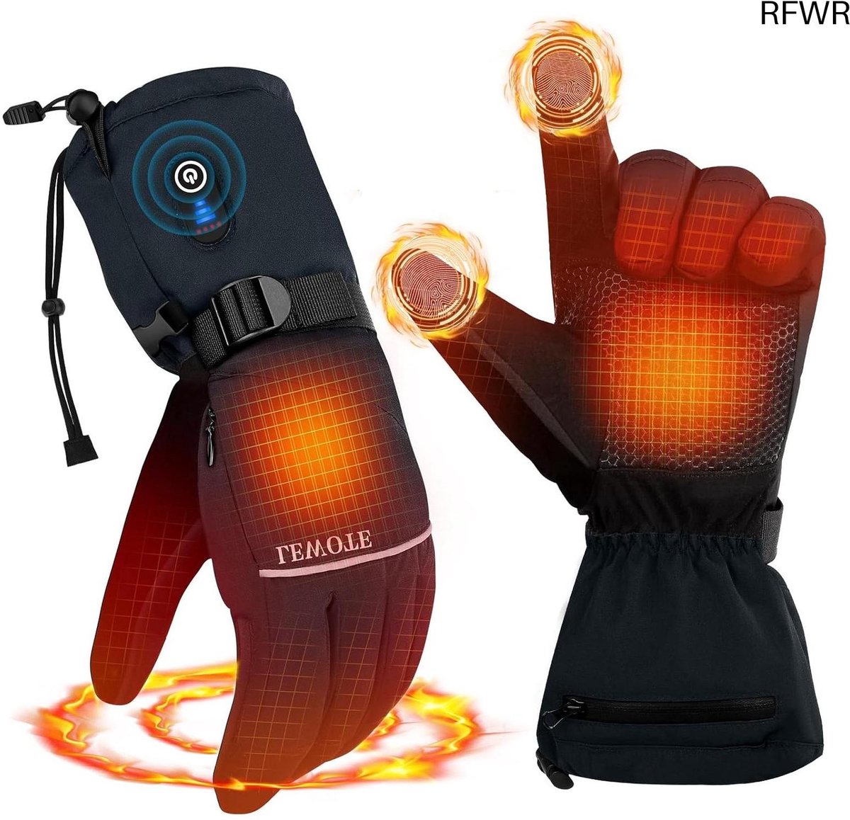 RFWR® Oplaadbare Verwarmde Handschoenen voor Winter Activiteiten Waterdicht en Winddicht Touchscreen Handschoenen Navyzwart