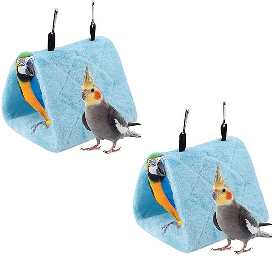 Hamac en peluche pour oiseaux 2 pièces - Nichoir triangulaire suspendu - Tente suspendue - Avec doubles Crochet - Lit d'hiver chaud et doux - Nichoir chaud - Convient aux écureuils volants, perroquets et inséparables - Blauw