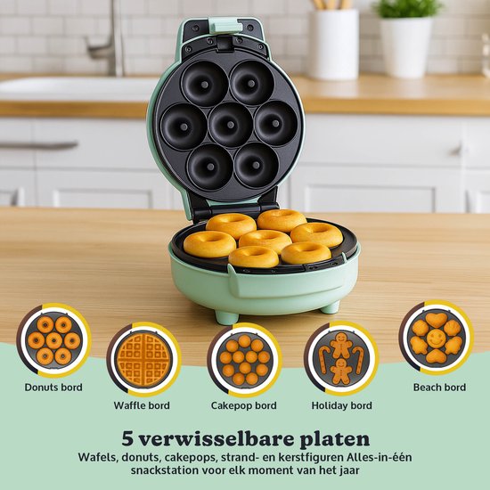 JAP Appliances Dough Joy Wafelijzer - 5in1 Wafelmaker, Donutmaker & Cake Pop maker - Anti aanbaklaag - Inclusief 50 cakepop stokjes - Groen - PFAS-vrij van JAP Appliances — afbeelding 3
