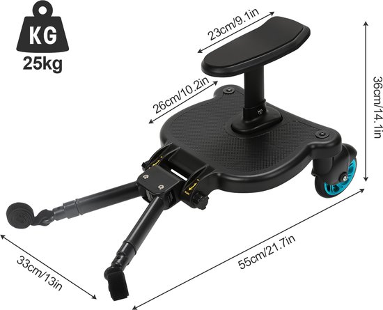 Universeel Meerijdplankje Tweewieler - Voor Kinderwagen/Buggy - Met Zitje - Onderweg - Verstelbaar - Dubbele stevige wielen - Extra stabiel - Blauw van Universeel — afbeelding 5